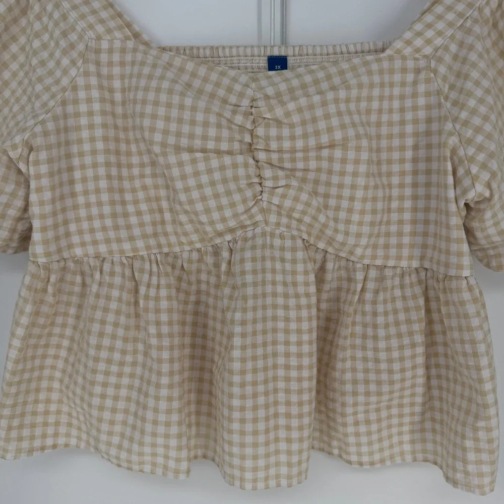 Old Navy Gingham Top Womens 2X Tan White Puff Sleeve Smocked Peplum Cottagecore
